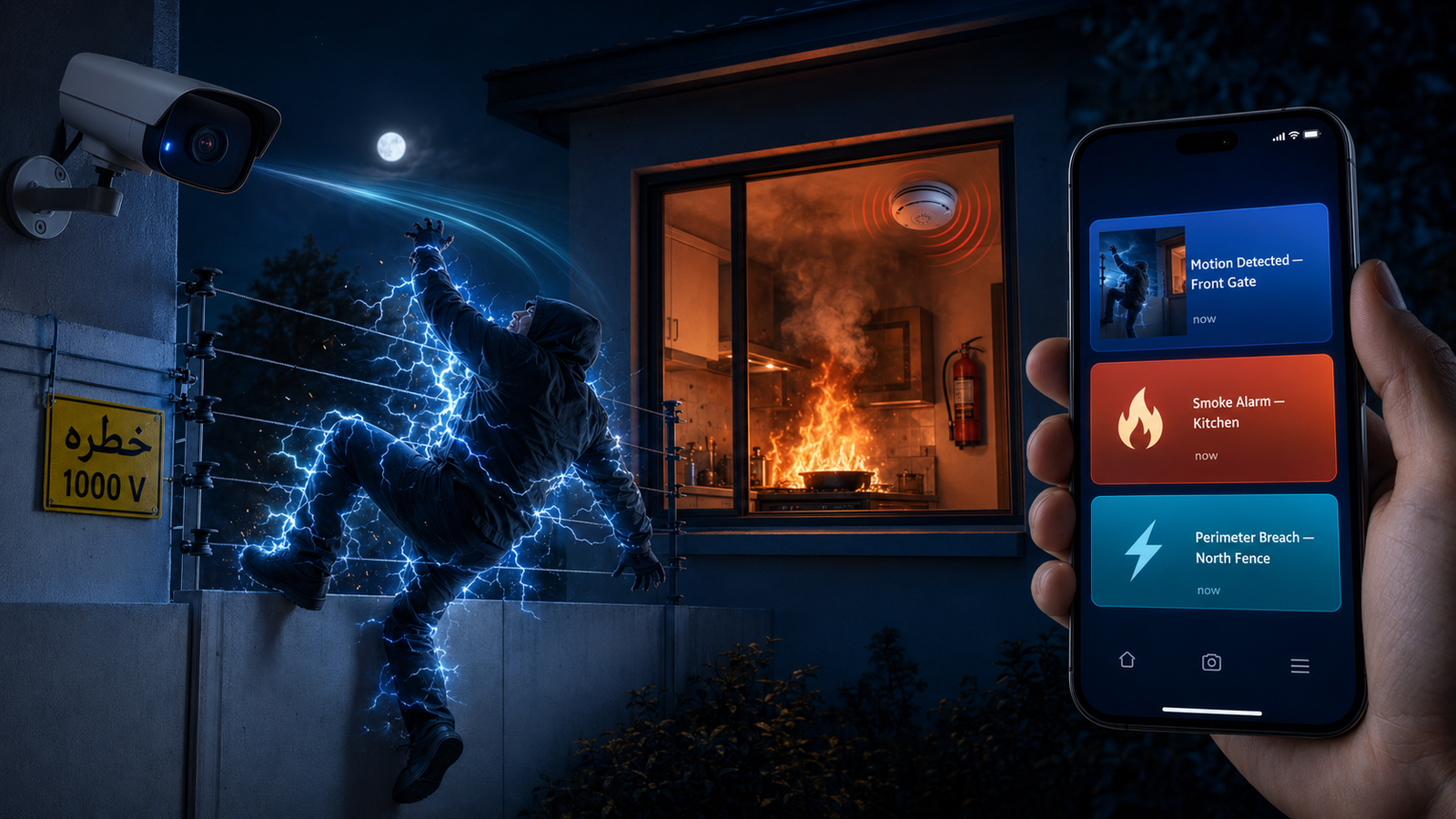 PakVision complete security ecosystem — CCTV, Fire Alarm and Electric Fencing with instant mobile alerts